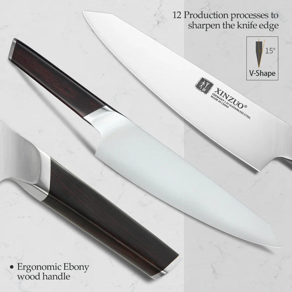 XINZUO 8" Chef Knife DIN 1.4116 Stainless Steel Germany Kitchen Knives Cutting Peeler Vegetable Knife  Ebony Handle Gift Case